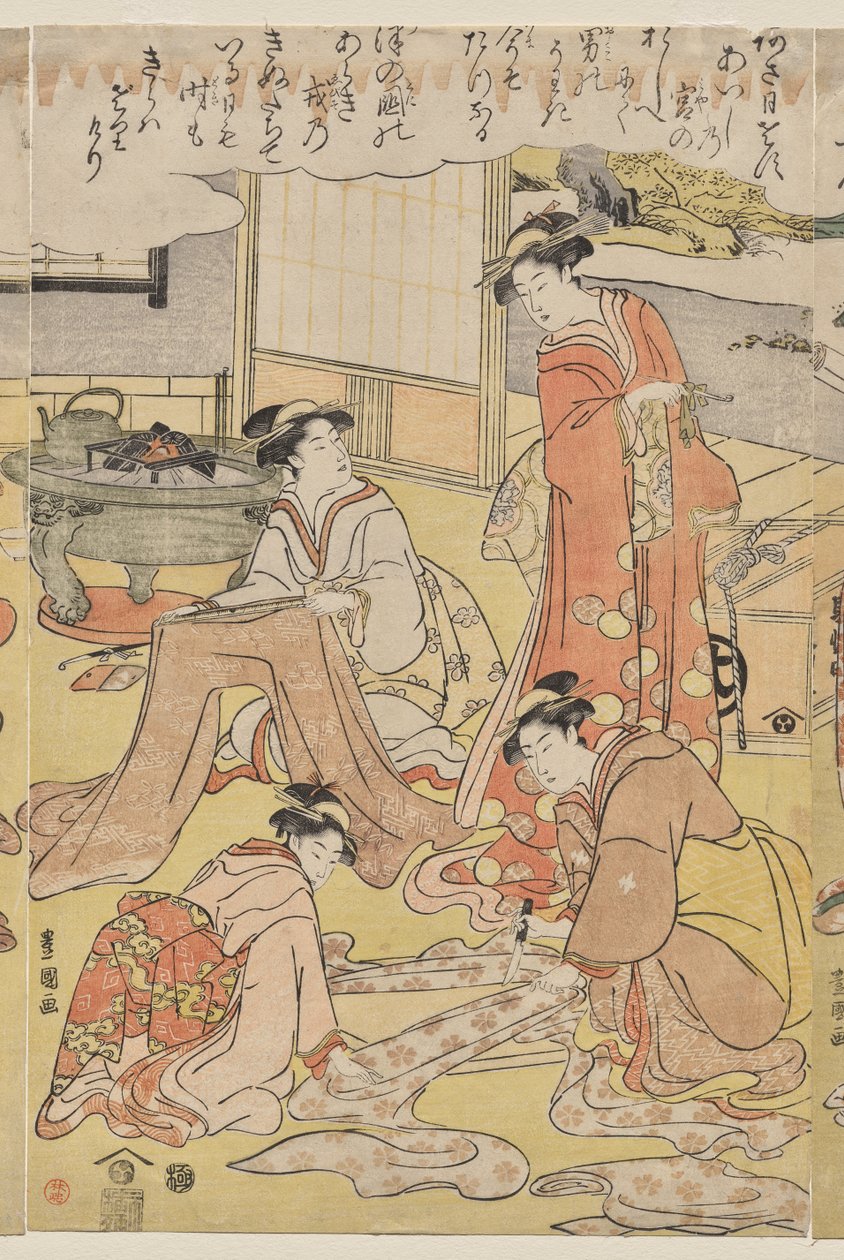 Vrouwen die kleding maken door Utagawa Toyokuni
