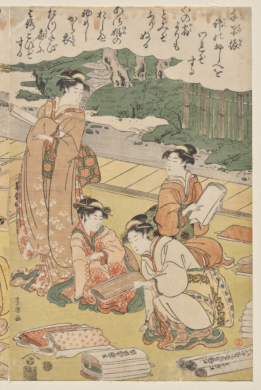 Vrouwen die kleding maken door Utagawa Toyokuni