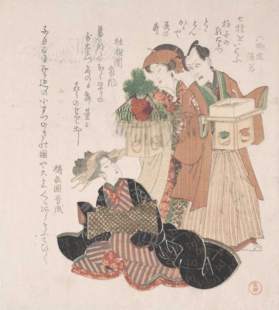 Acteur Nakamura Utayemon met twee vrouwen die zich voorbereiden op de nieuwjaarsceremonie, 19e eeuw door Utagawa Toyokuni I