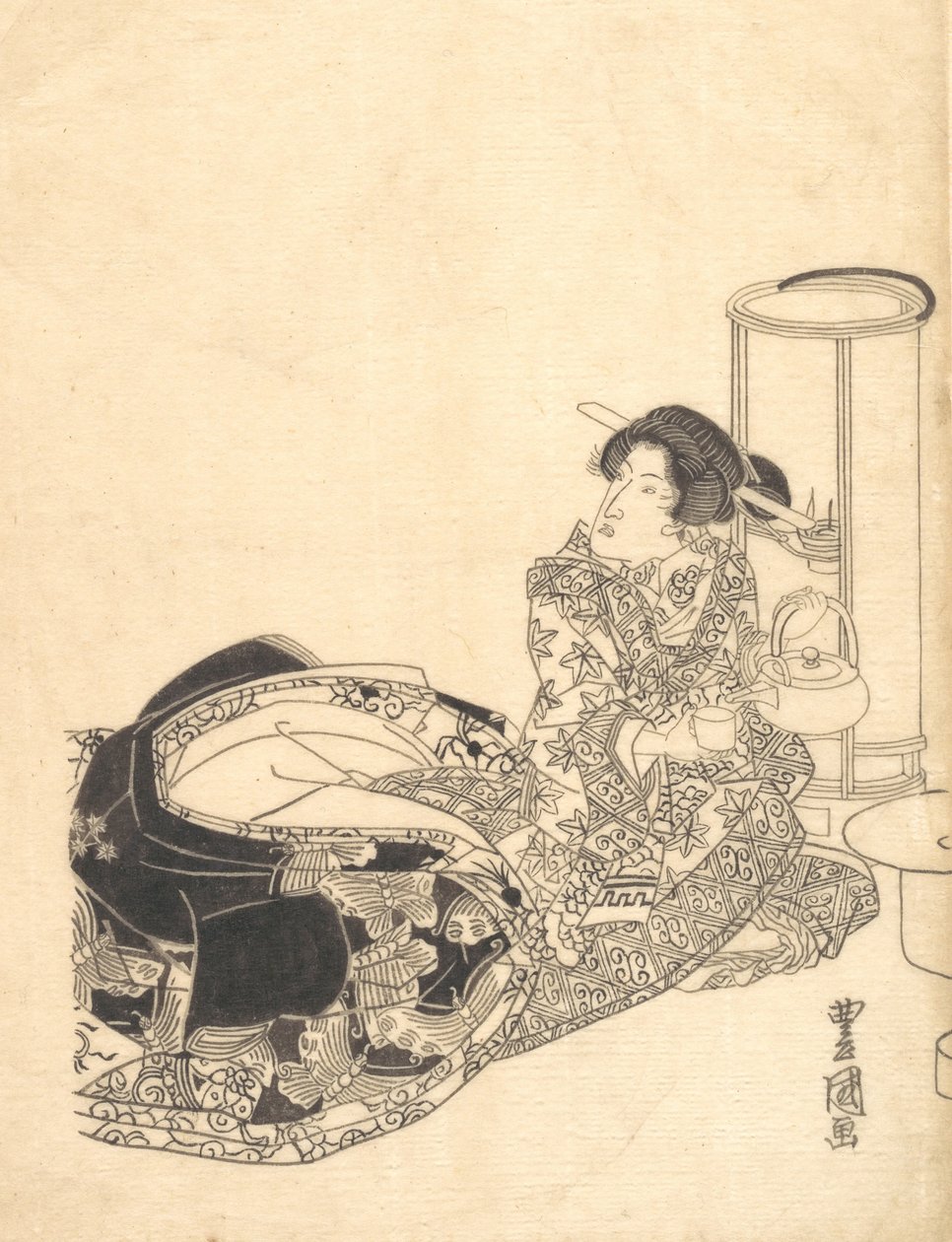 Courtisane of acteur als courtisane die thee schenkt bij het licht van een lantaarn door Utagawa Toyokuni I