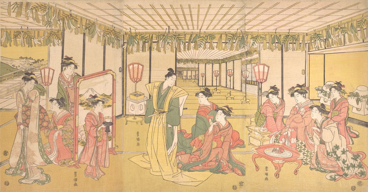 Nieuwjaarsviering in een groot herenhuis door Utagawa Toyokuni I