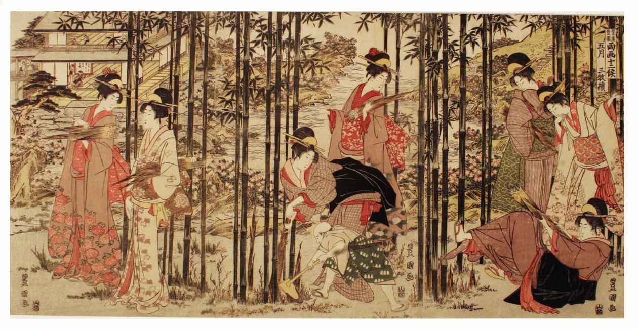 De vijfde maand, een set van drie (Gogatsu sambukutsui), uit de serie "Twaalf maanden door de dubbele penselen van Toyohiro en Toyokuni (Toyohiro Toyokuni ryoga juni ko)" door Utagawa Toyokuni I