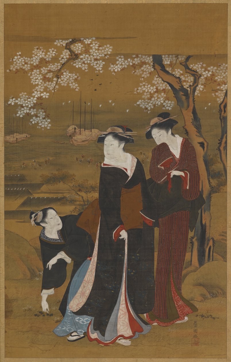 Drie vrouwen onder een bloeiende kersenboom aan de kust door Utagawa Toyokuni I