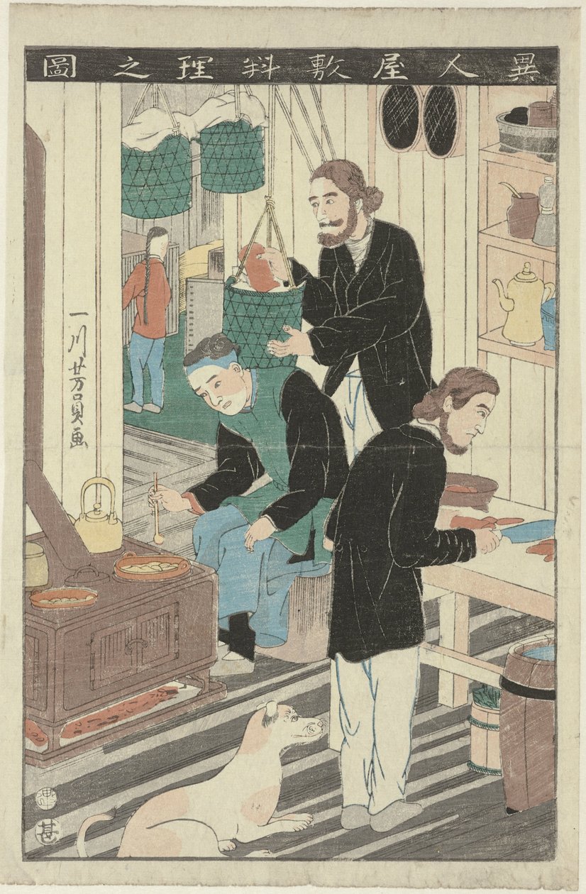 De keuken in het huis van een buitenlander door Utagawa Yoshikazu