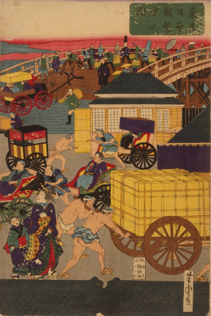 Bloeiend Nihonbashi-gedeelte van Tokio door Utagawa Yoshitora