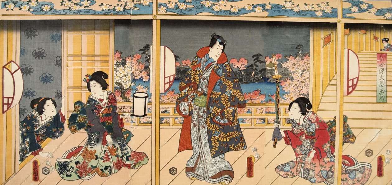 Scène uit Genji monogatari (Verhaal van Genji) door Murasaki Shibuku (geb. 978) ca. 1860 door Utagawa and Toyokuni Kuniyoshi