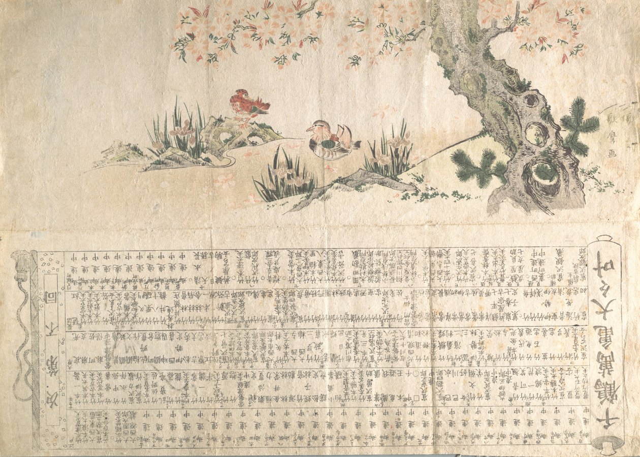 Mandarijneenden in een lentelandschap: Programma voor een Jururui-uitvoering, ca. 1807 door Utamaro II