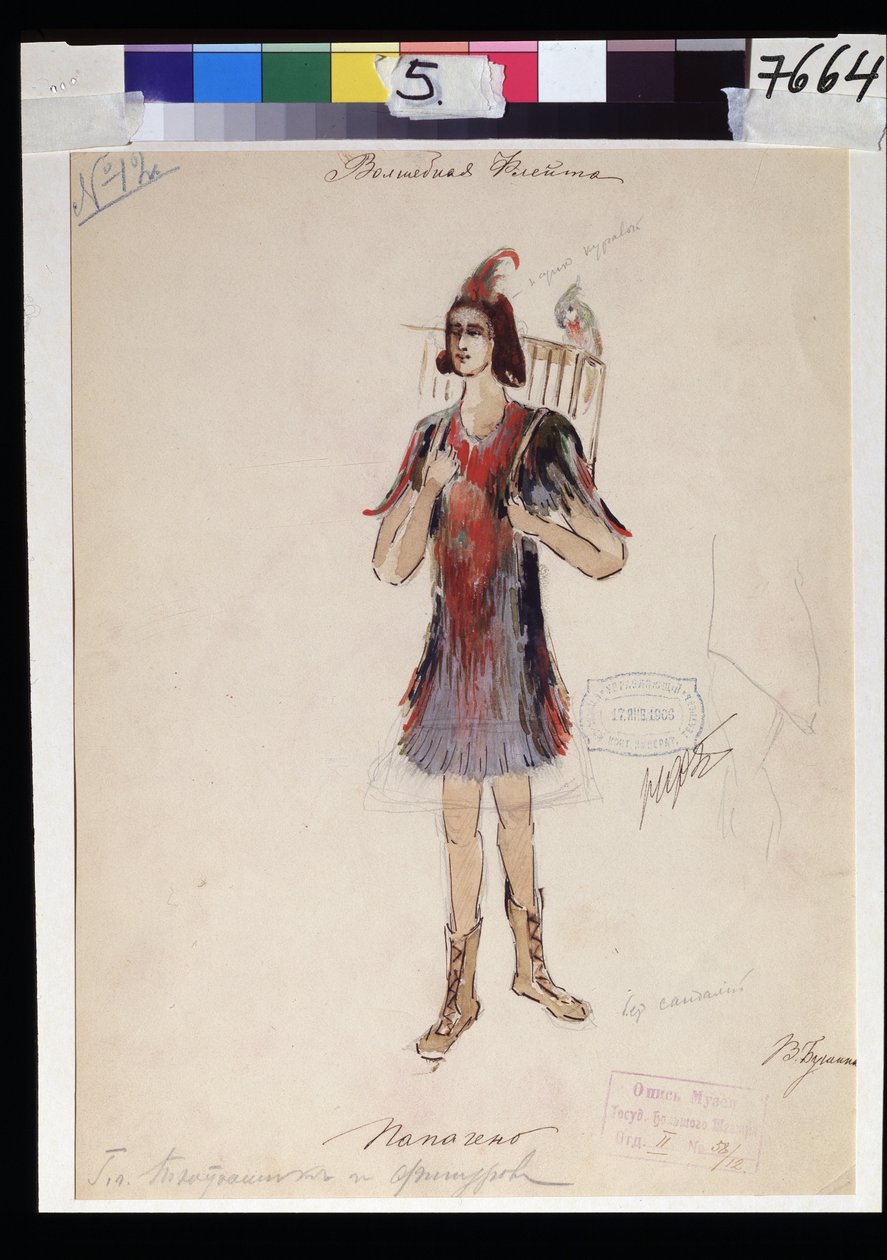 Kostuumontwerp voor de opera "Die Zauberflöte" van Wolfgang Amadeus Mozart door V. Bushina