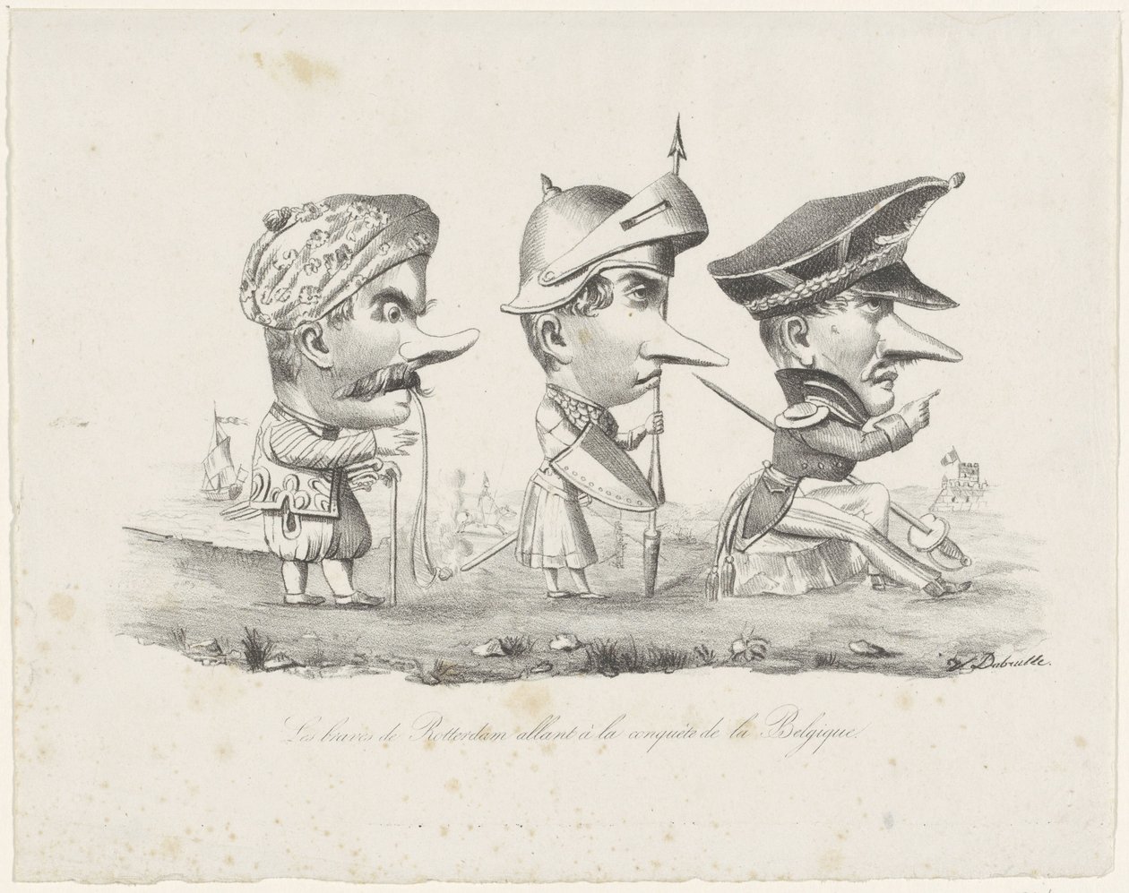 Spotprent op de Rotterdamse schutterij, 1830 door V. Dubrulle
