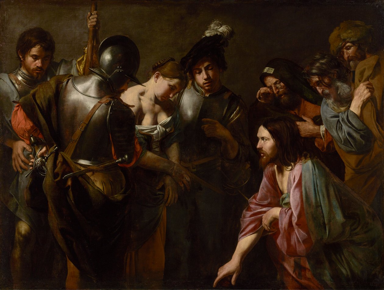 Christus en de overspelige vrouw, ca. 1620 door Valentin de Boulogne
