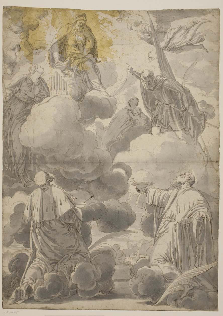 De Maagd en het Kind in de wolken omringd door engelen en de heiligen Cosmas en Damianus, Cecilia, Secondo en Marina door Valentin Lefèvre