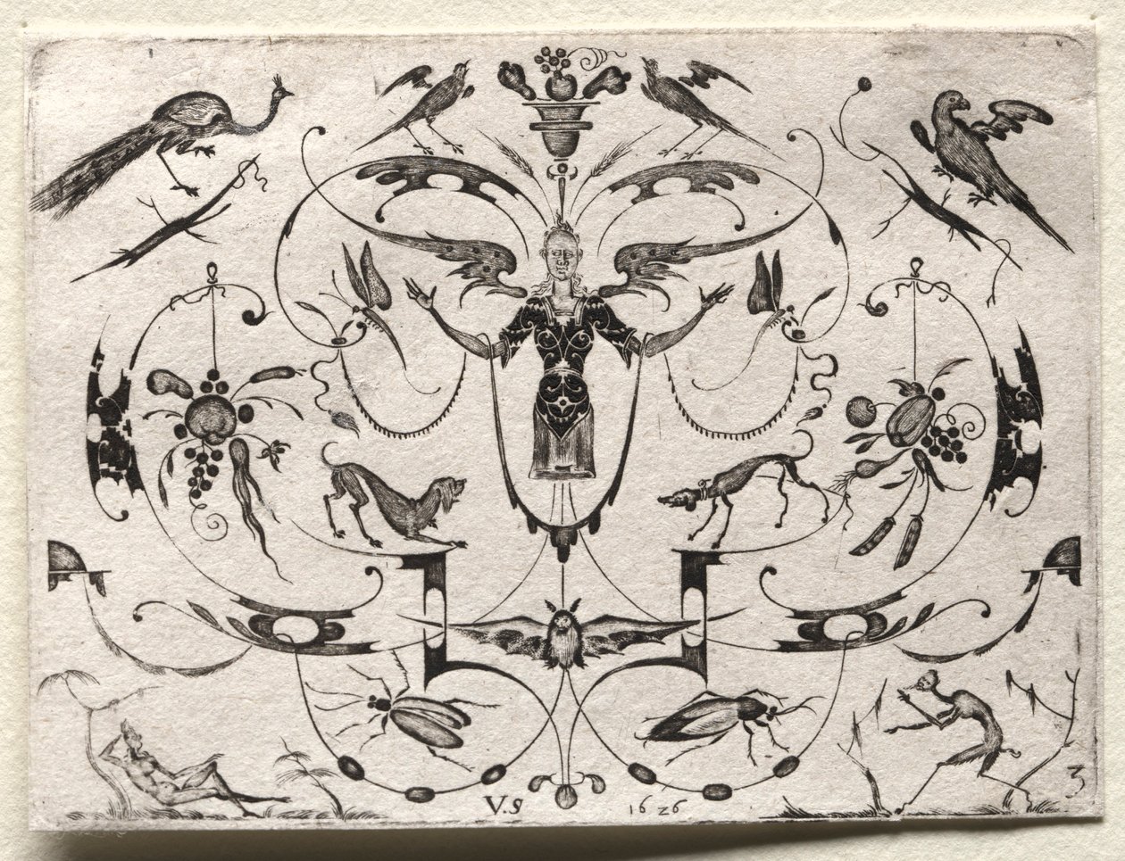 Arabesk met pauw, parkiet, honden en insecten, 1626 door Valentin Sezenius