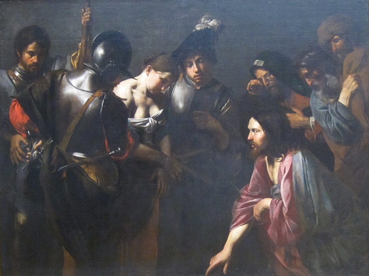 Christus en de overspelige vrouw door Valentin de Boulogne