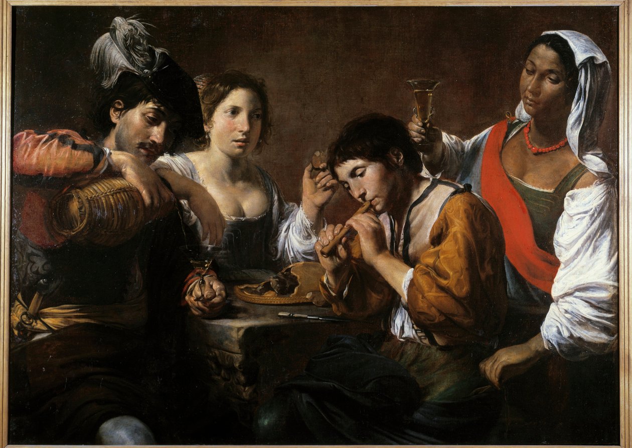 Bijeenkomst in een cabaret door Valentin de Boulogne