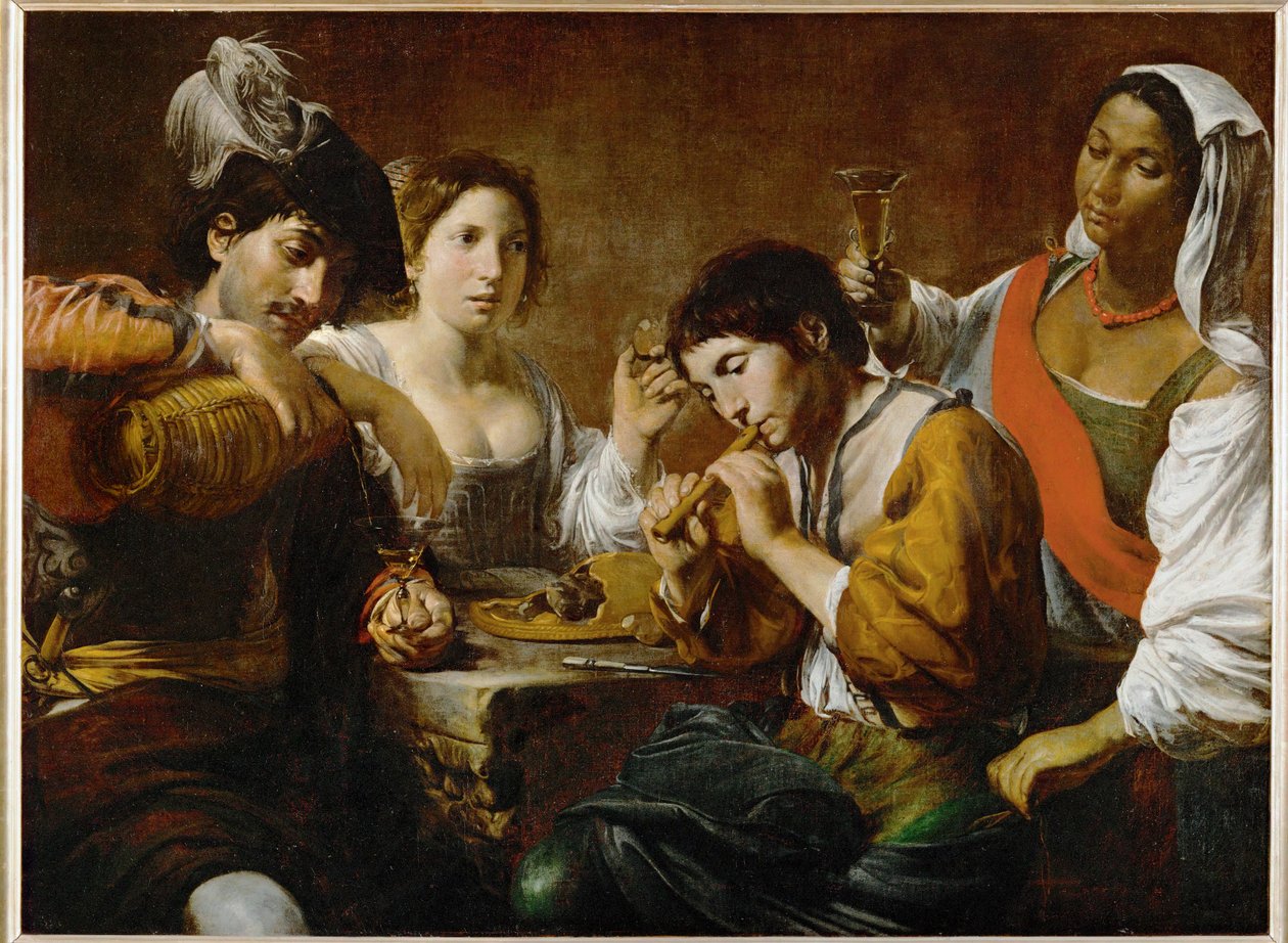 Reünie in een cabaret - Gezelschap in een taverne ... door Valentin de Boulogne