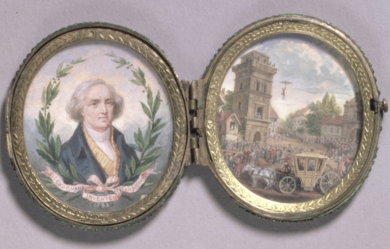 Portretminiatuur van Louis-Sebastien Lenormand met een Scène van Zijn Parachutesprong, 1783 door Van Blarenberghe
