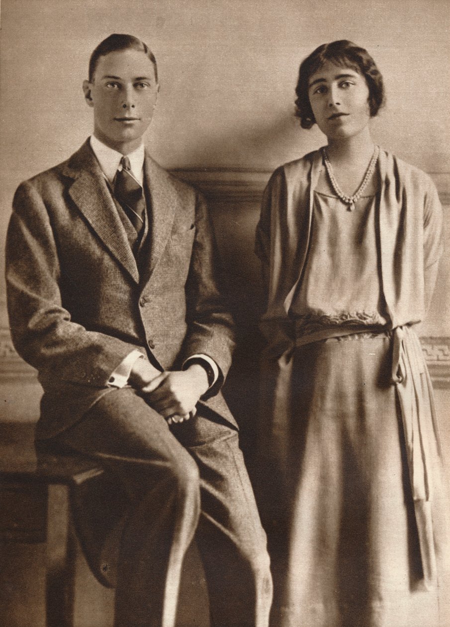Lady Elizabeth Bowes Lyon en de Hertog van York bij de aankondiging van hun verloving door Vandyk