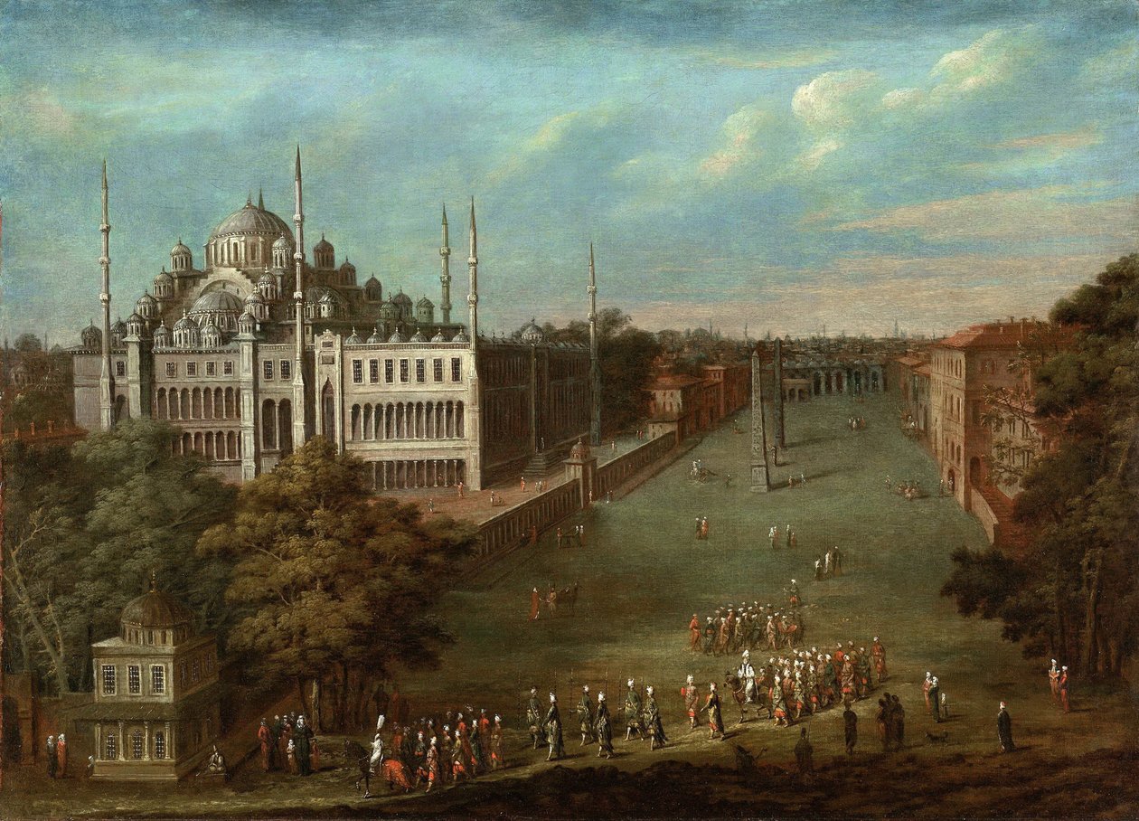 Processie van de Grootvizier op het Hippodroomplein met de Sultan Ahmed Moskee, 1737 door Vanmour