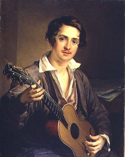 De Gitaarspeler: Portret van de Virtuoze Gitarist Vladimir Ivanovich Morkov (1803-64) 1839 door Vasili Andreevich Tropinin