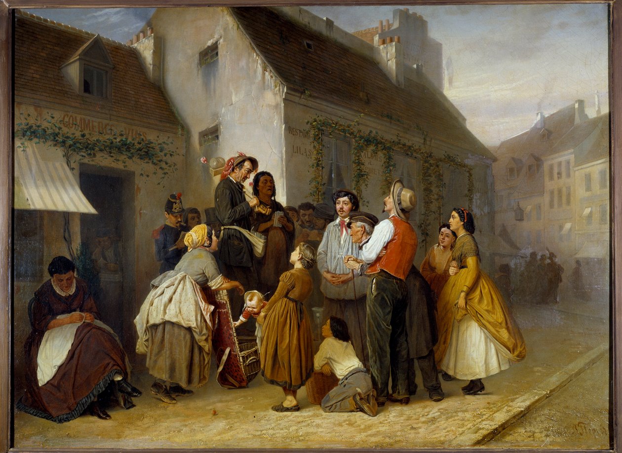 Straatscène in Parijs. Voorbijgangers gestopt voor een stel straatmuzikanten: de man speelt de ehru (instrument met twee snaren bespeeld met een strijkstok) en zijn vrouw zingt door Vasili Grigorevich Perov