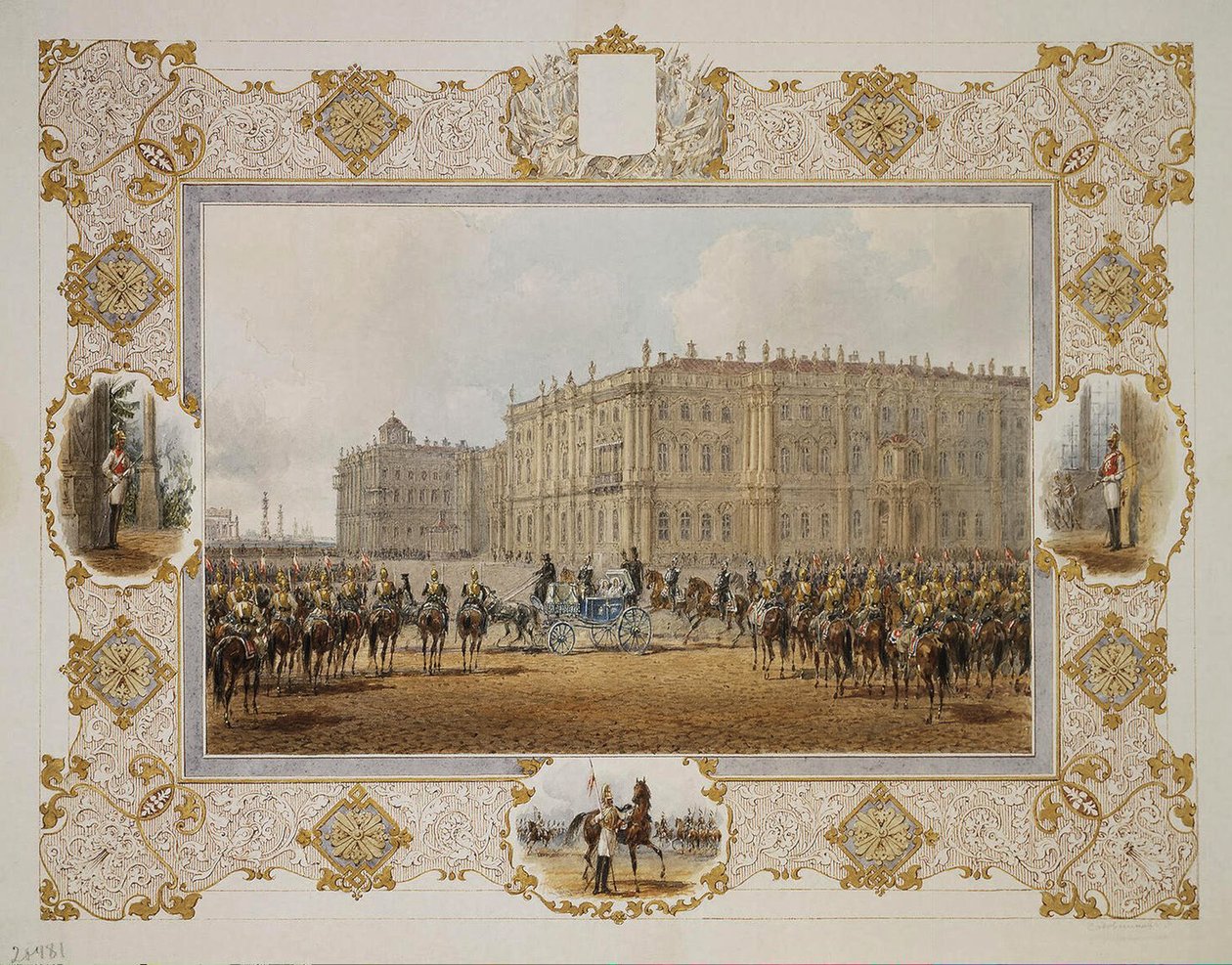 Review van het Horse-Guardsmen Regiment voor het Winterpaleis, 1850s door Vasili Semenovich Sadovnikov