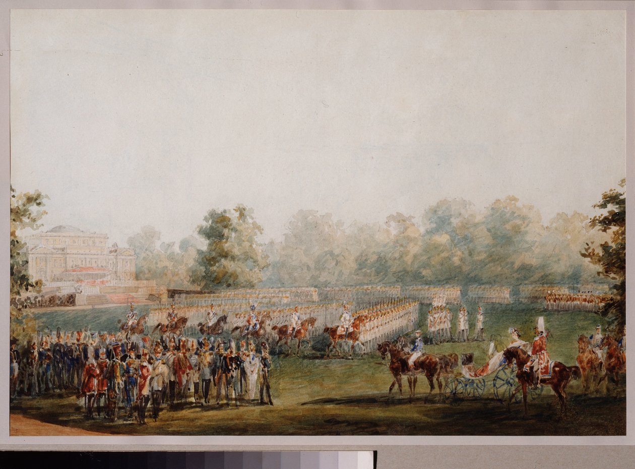 Militaire parade op de weide van het Elagin-paleis in Sint-Petersburg. (Defilé van de keizerlijke garde). Werk van Vasily Semyonovich Sadovnikov (1800-1879) door Vasili Semenovich Sadovnikov