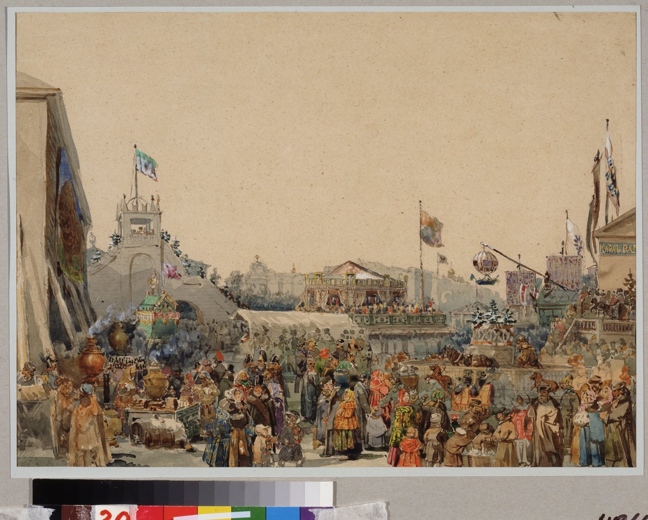 Kermiskraam op het plein van de admiraliteit in Sint-Petersburg door Vasili Semenovich Sadovnikov