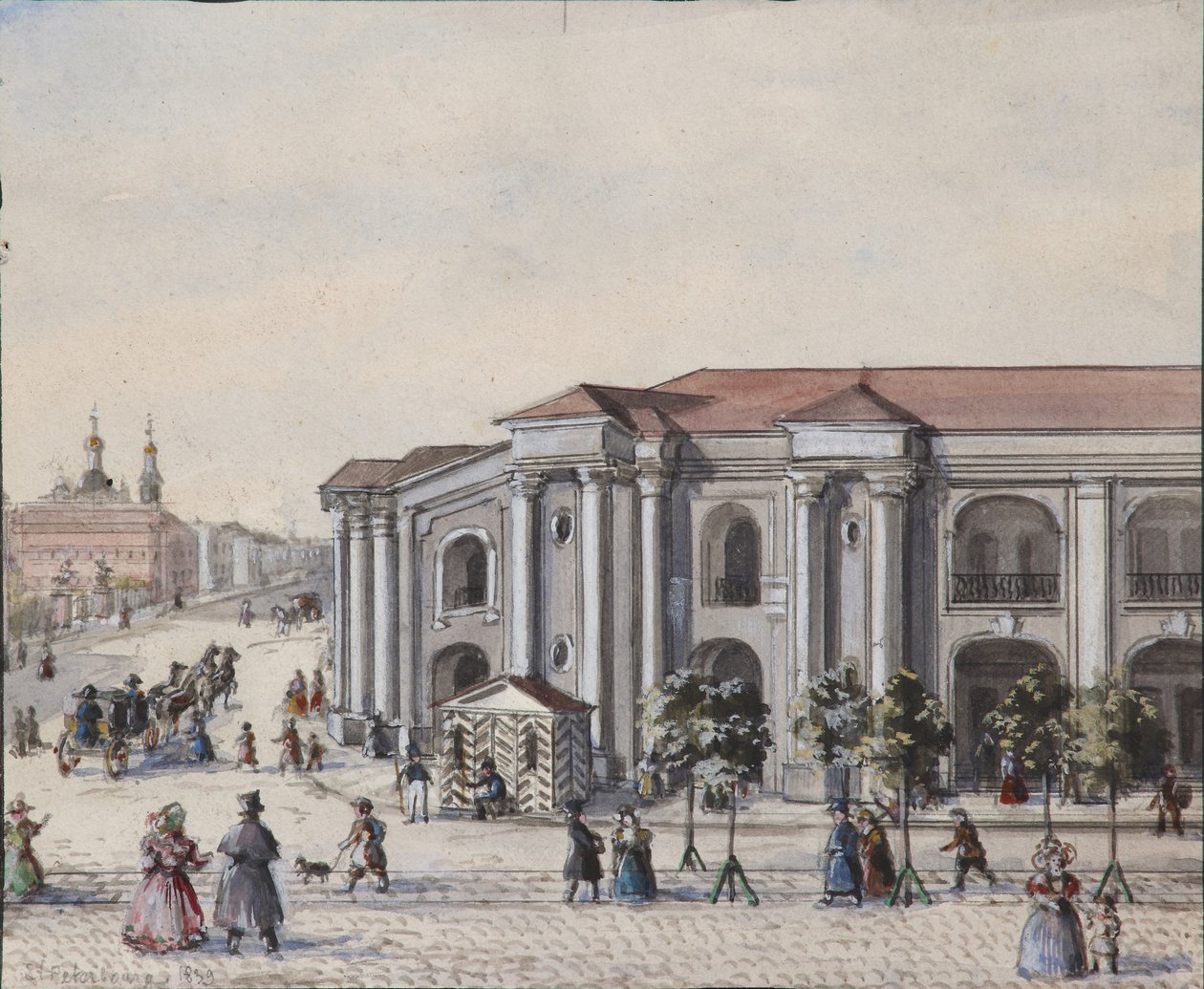 De Grote Gostiny Dvor Koopmanswerf in Sint-Petersburg, 1830-1840s door Vasili Semenovich Sadovnikov