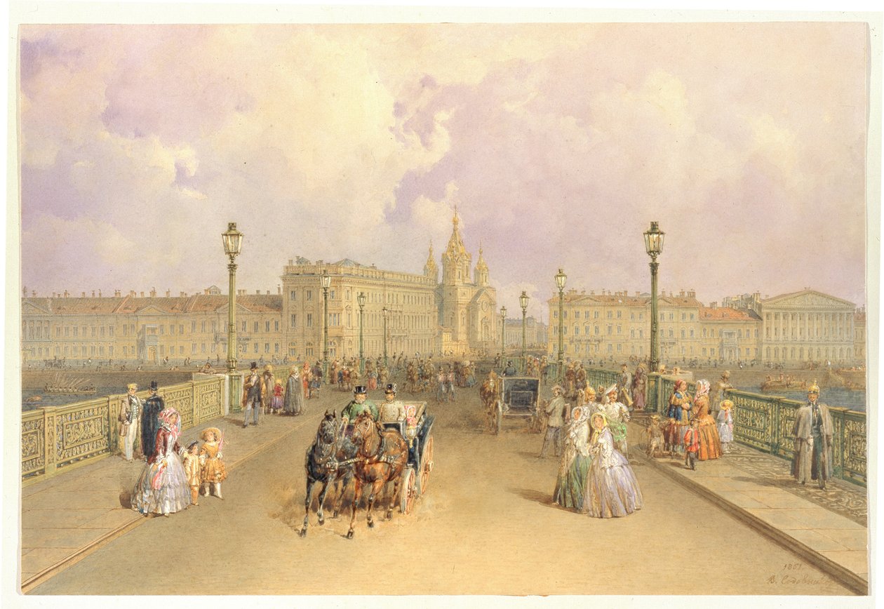 Uitzicht op de Blagoveshchensky-brug in Sint-Petersburg, 1851 door Vasili Semenovich Sadovnikov