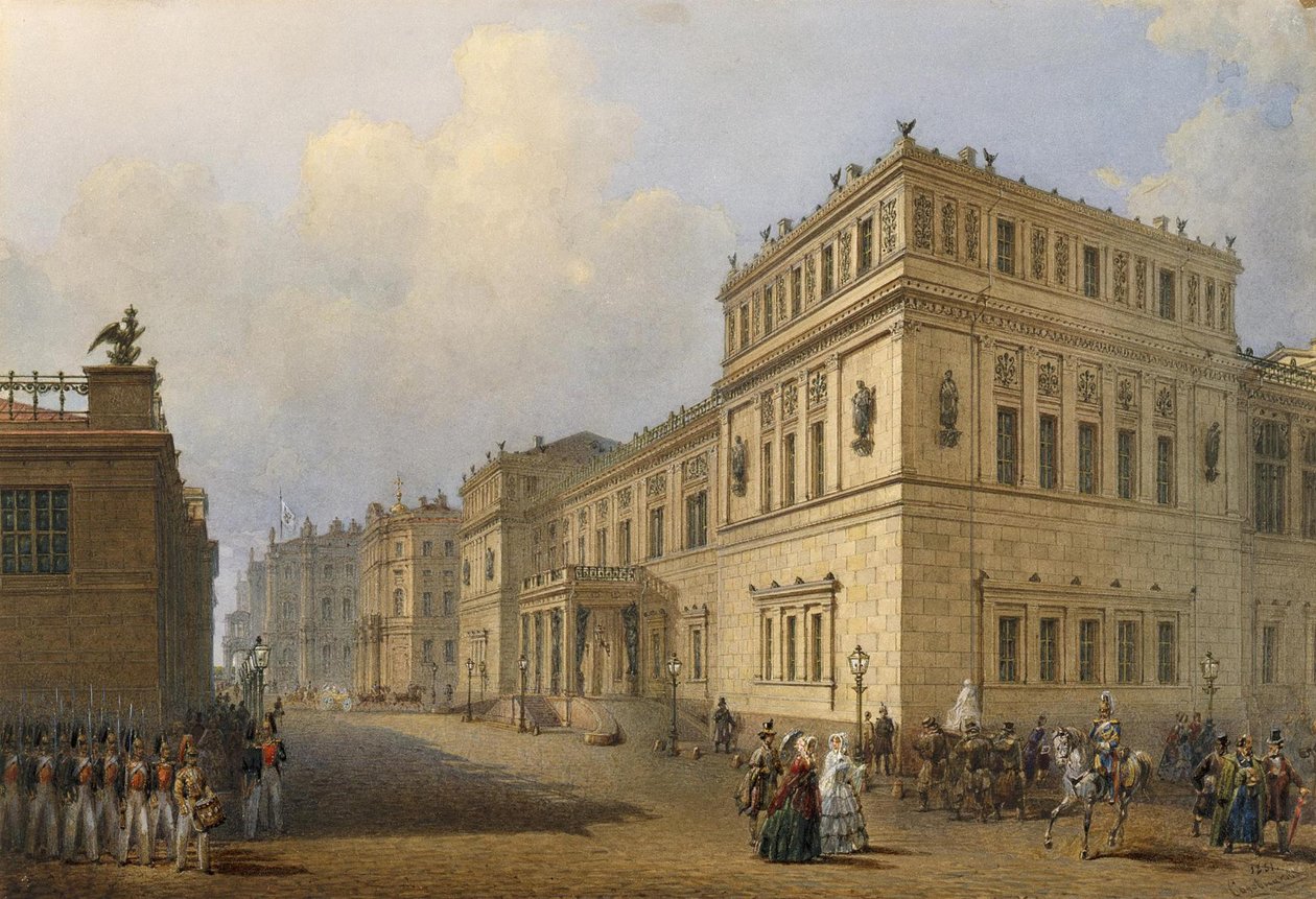 Uitzicht op de Nieuwe Hermitage door Millionnaya Straat, 1851 door Vasili Semenovich Sadovnikov