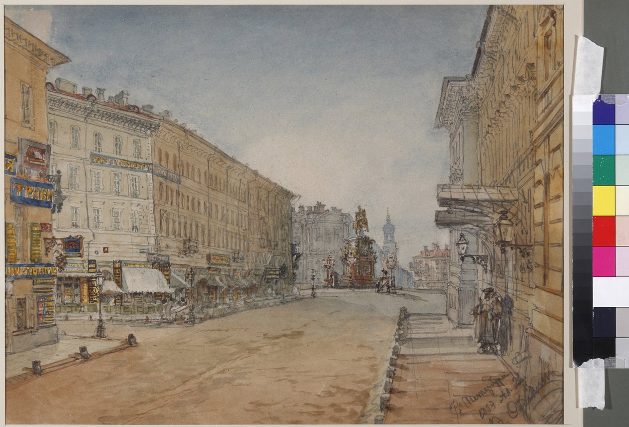 Voznesensky Prospekt in Sint-Petersburg, door Sadovnikov, Vasily Semyonovich (1800-1879). Aquarel op papier door Vasili Semenovich Sadovnikov