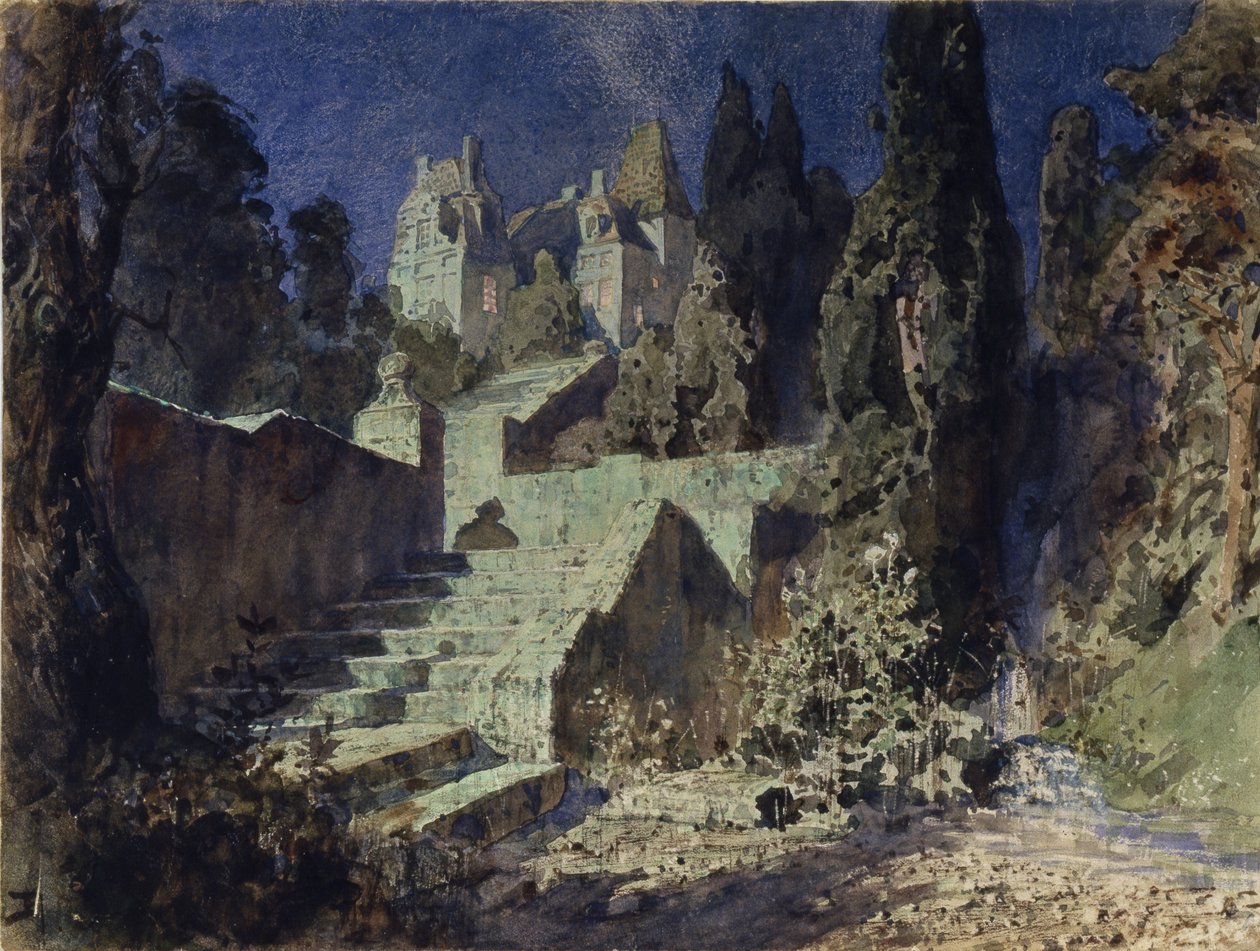 Toneelontwerp voor de opera De scharlaken roos van N. Krotkov door Vasilij Dmitrievich Polenov