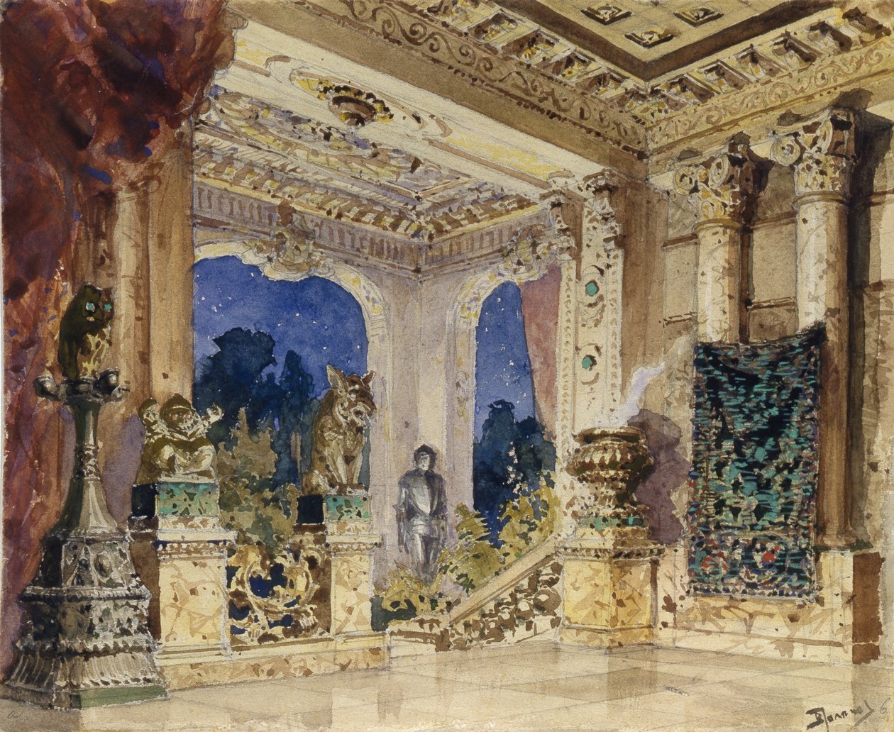 Toneelontwerp voor de opera De scharlaken Roos door N. Krotkov, 1884 door Vasilij Dmitrievich Polenov
