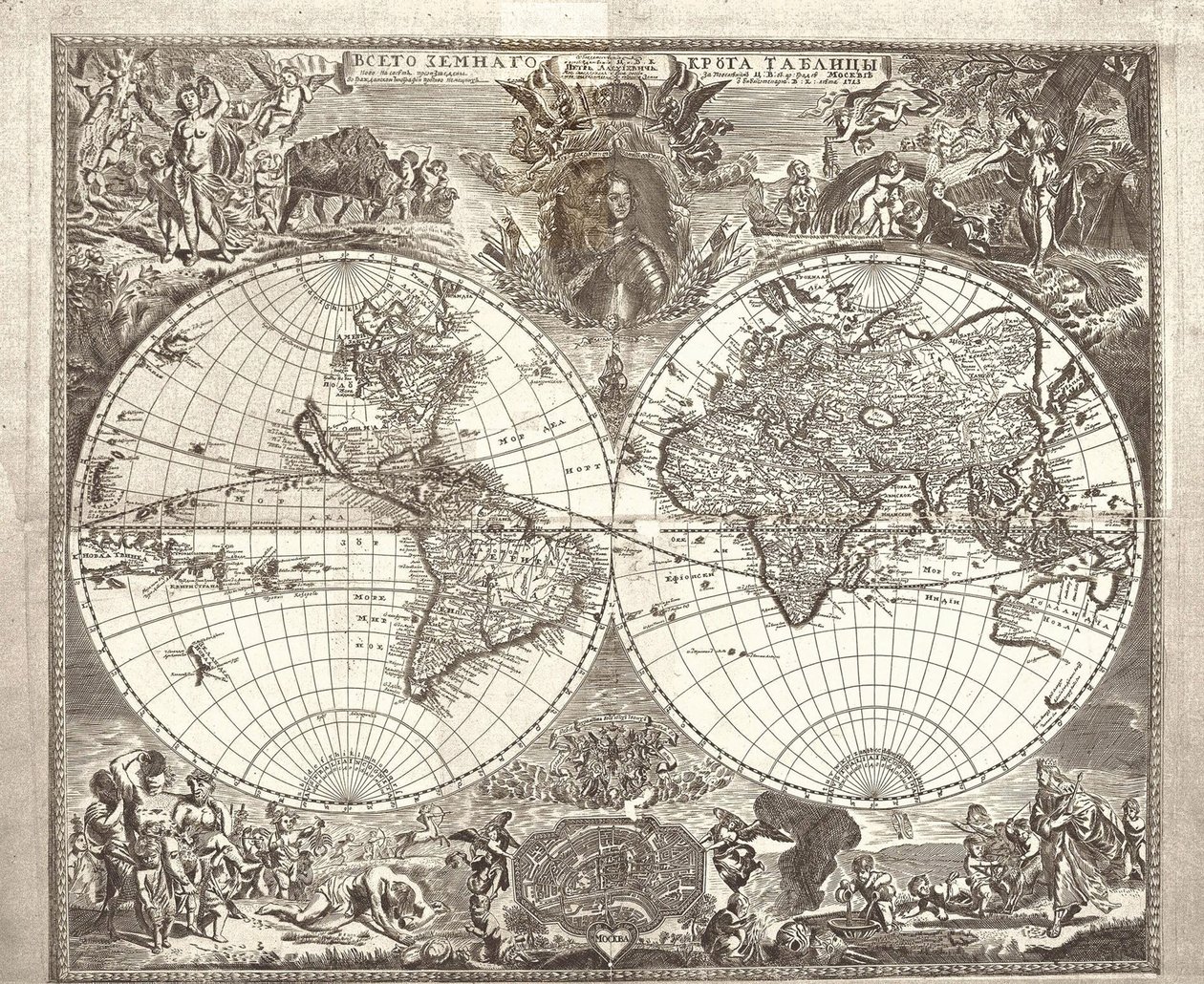 Dubbel halfrond kaart van de wereld, 1713 door Vasily Anufrievich Kiprianov