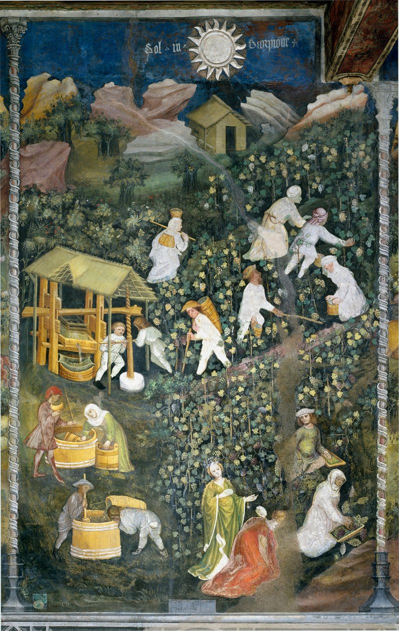 Oktober: oogstscène, druivenoogst en bereiding van most (wijnpersen) door Venceslao Maestro
