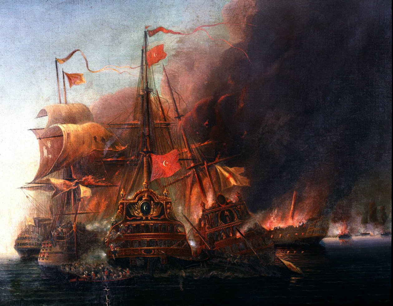 Slag tussen de Ottomaanse vloten en de Venetiaanse vloten voor Famagusta tijdens het beleg van Cyprus in 1570 Schilderij van de Venetiaanse school van de 16e eeuw. Istanbul, Naval Museum door Venetian School