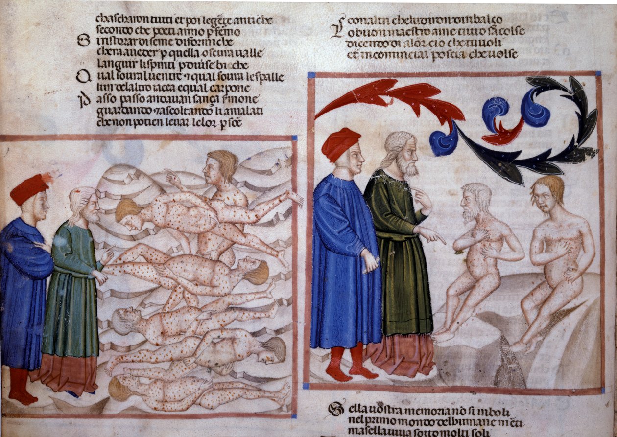 Dante en Vergilius in gesprek met Grifolino van Arezzo en Capocchio van Siena. 14e eeuw (miniatuur) door Venetian School