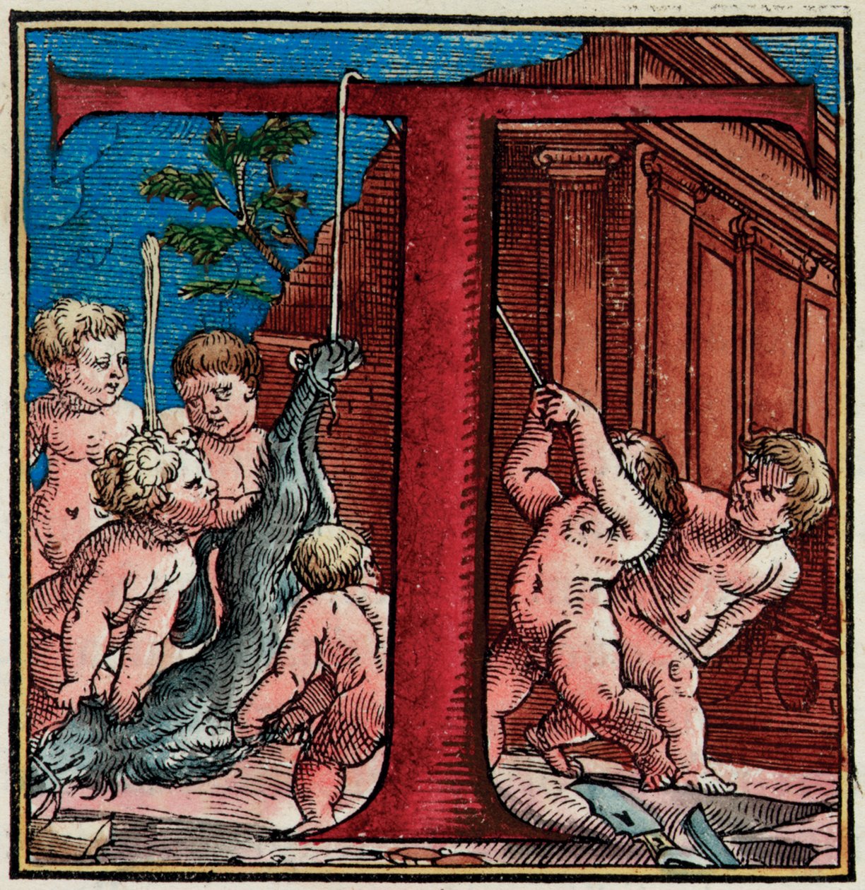Initiaal T, detail van een pagina uit "De Humani Corporis Fabrica Libri Septem" door Andreas Vesalius door Venetian School