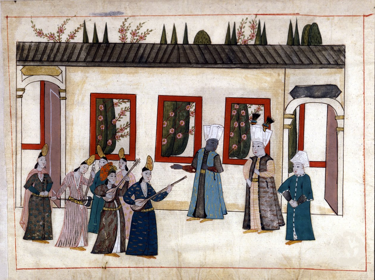 De sultan bezoekt de favoriet met de moeder en het hoofd van de eunuchen. Miniatuur uit 