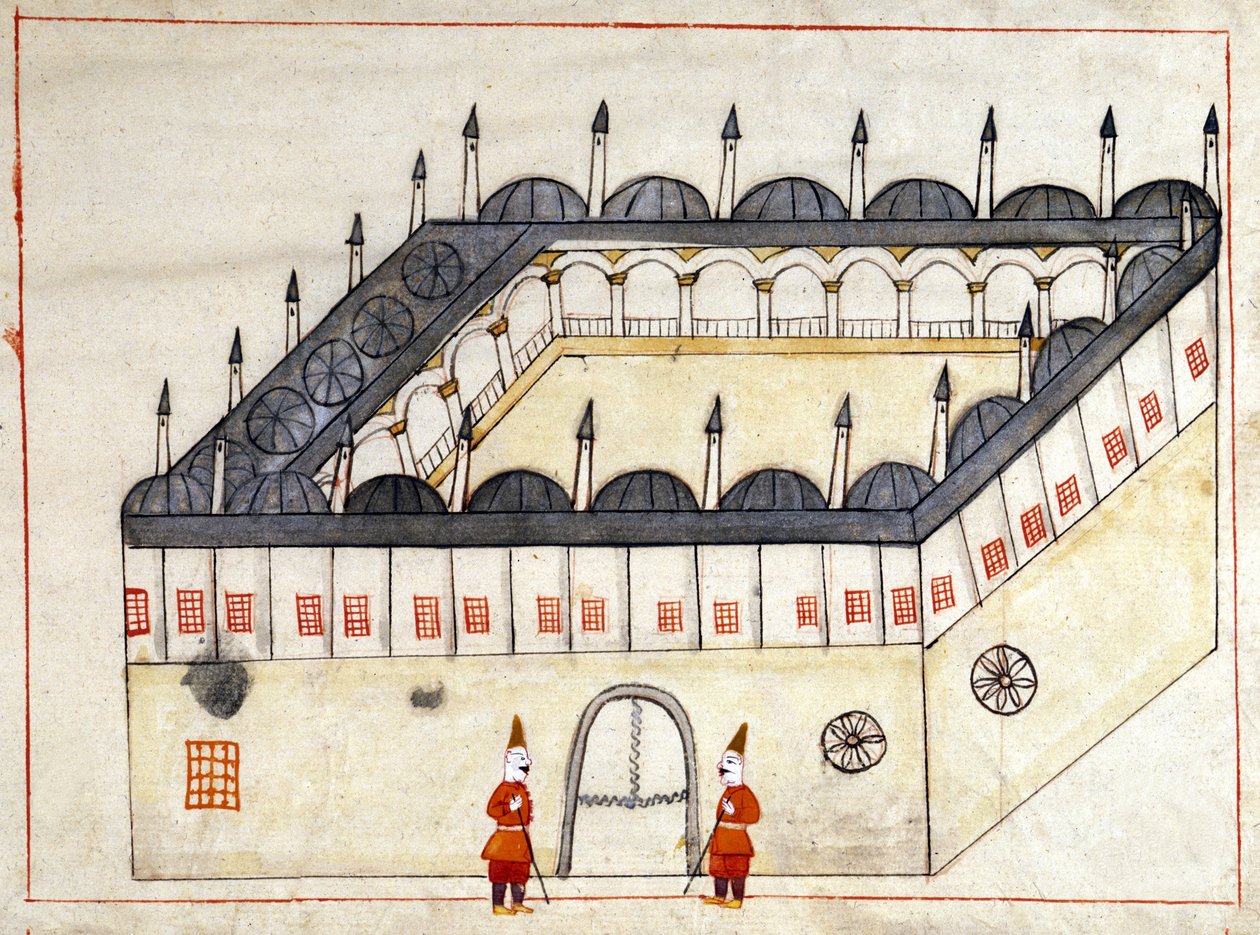 Uitzicht van buitenaf op een karavaan in Andrinopel (nu Edirne) in Turkije onder het Ottomaanse Rijk. Miniatuur uit Turkish Memorials (codex Cicogna 1971 Memorie Turchesche). Aquarel uit de 17e eeuwse Venetiaanse school door Venetian School