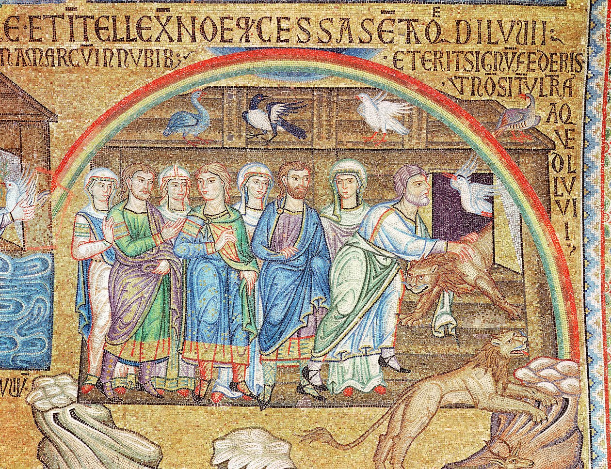 De Zondvloed, uit het Atrium, detail van Noach die de dieren van de ark laat (mozaïek) door Byzantine School
