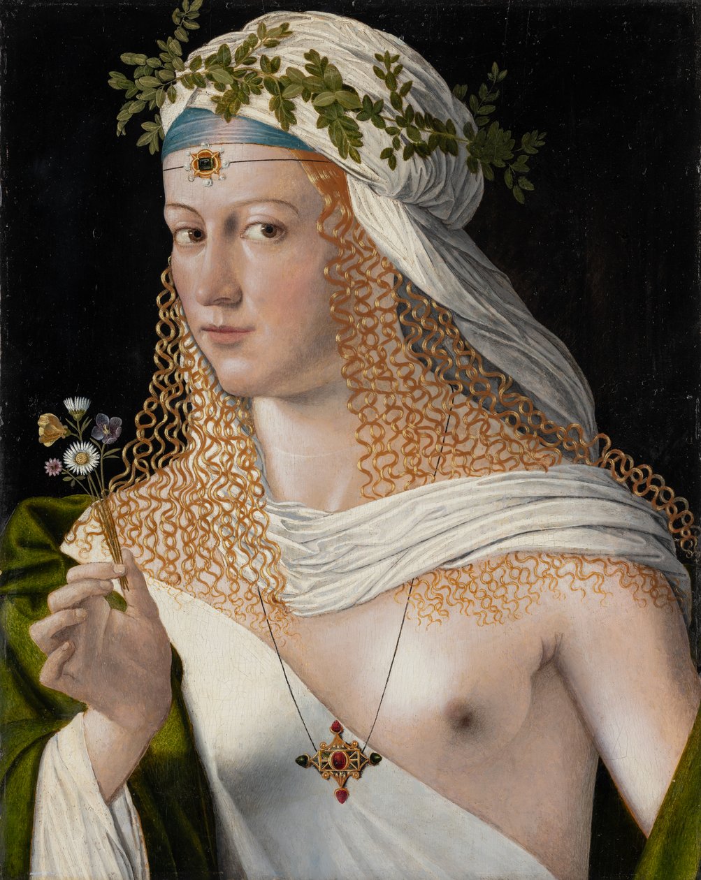 Geïdealiseerd portret van een jonge vrouw als Flora, ca. 1520 (gemengde techniek op populierenhout) door Veneto Bartolomeo