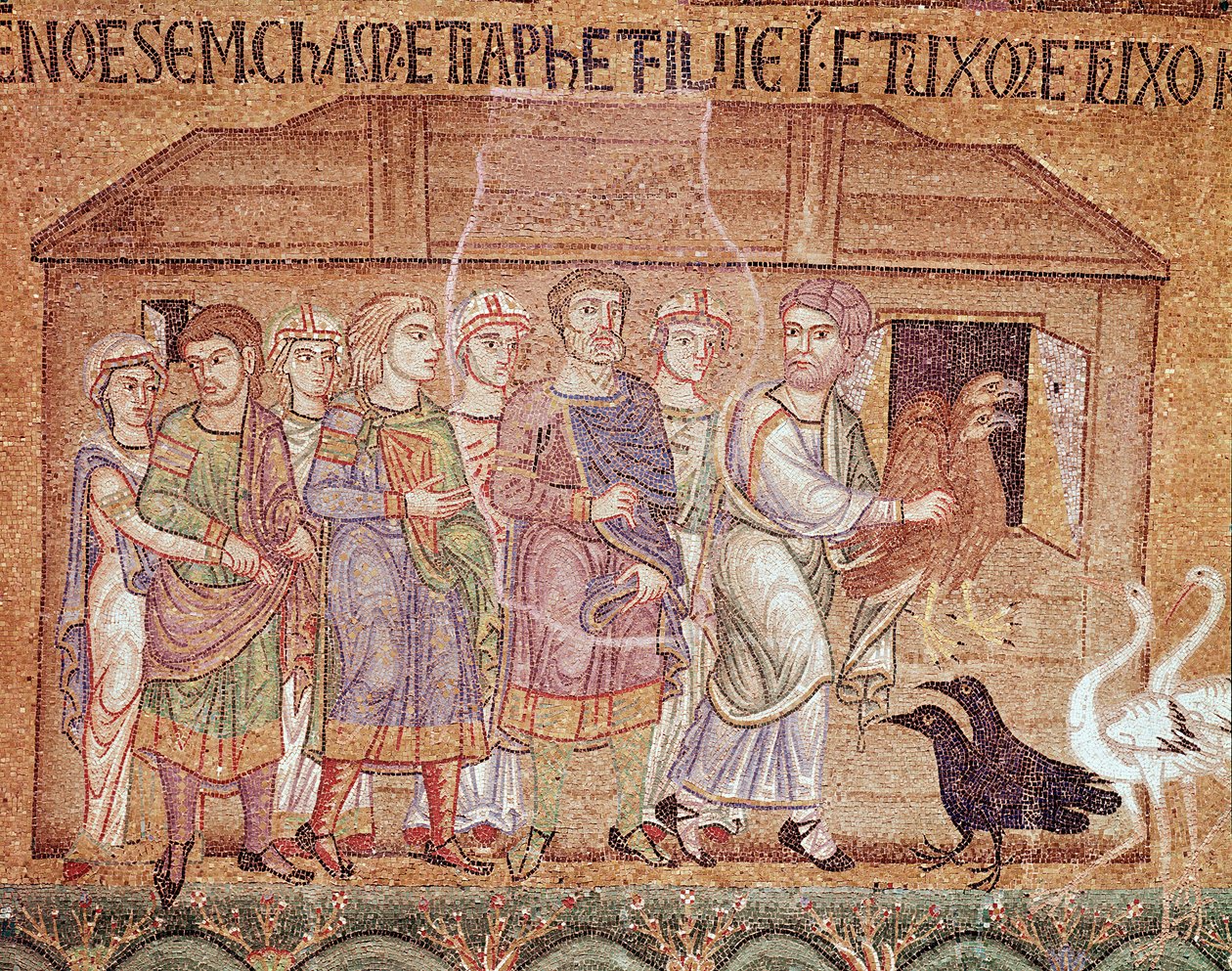 Het leven van Noach, Noach leidt zijn familie naar de ark (mozaïek detail) door Veneto Byzantine School