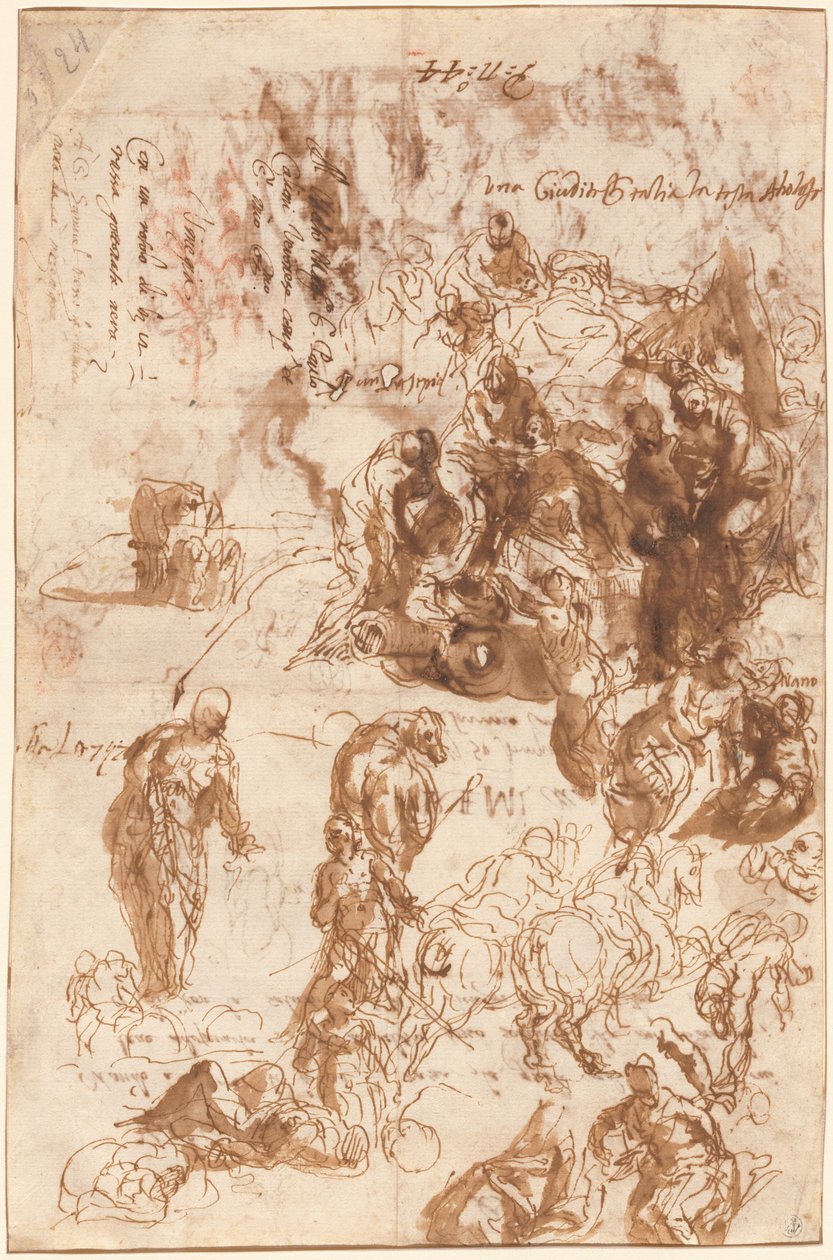 Studies voor Judith en Holofernes, David en Goliath, De vondst van Mozes, en anderen [recto] door Veronese