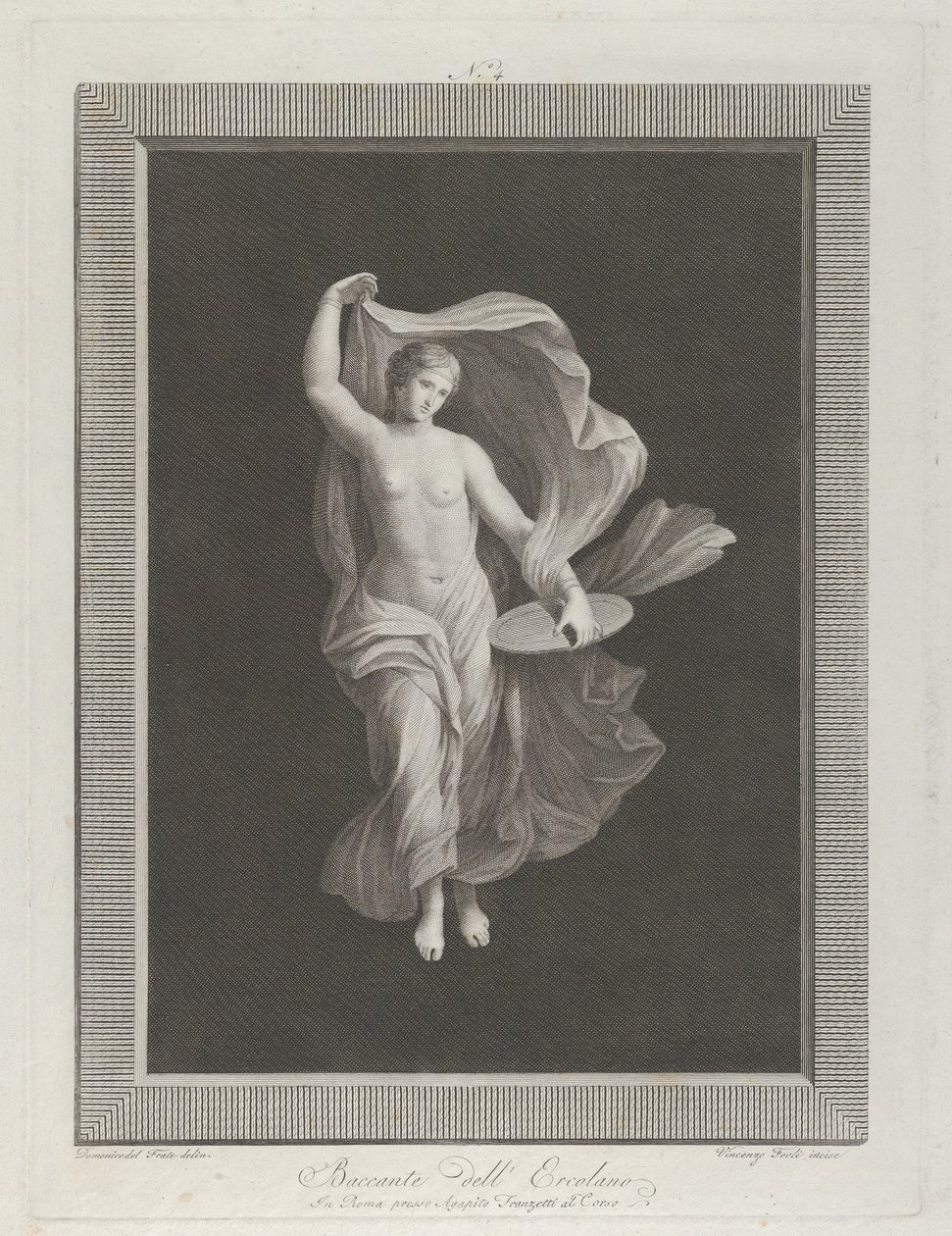 Een deels naakte bacchante die een schijf in haar linkerhand houdt en haar kleding optilt..., ca. 1795-1820 door Vicenzo Feoli