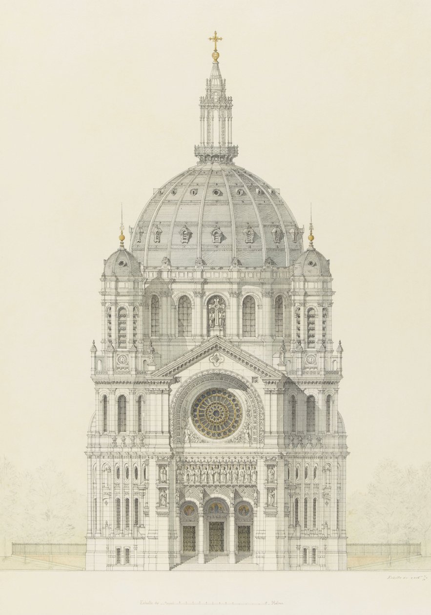 Kerk van Saint Augustin, Parijs, elevatie van de hoofdgevel door Victor Baltard