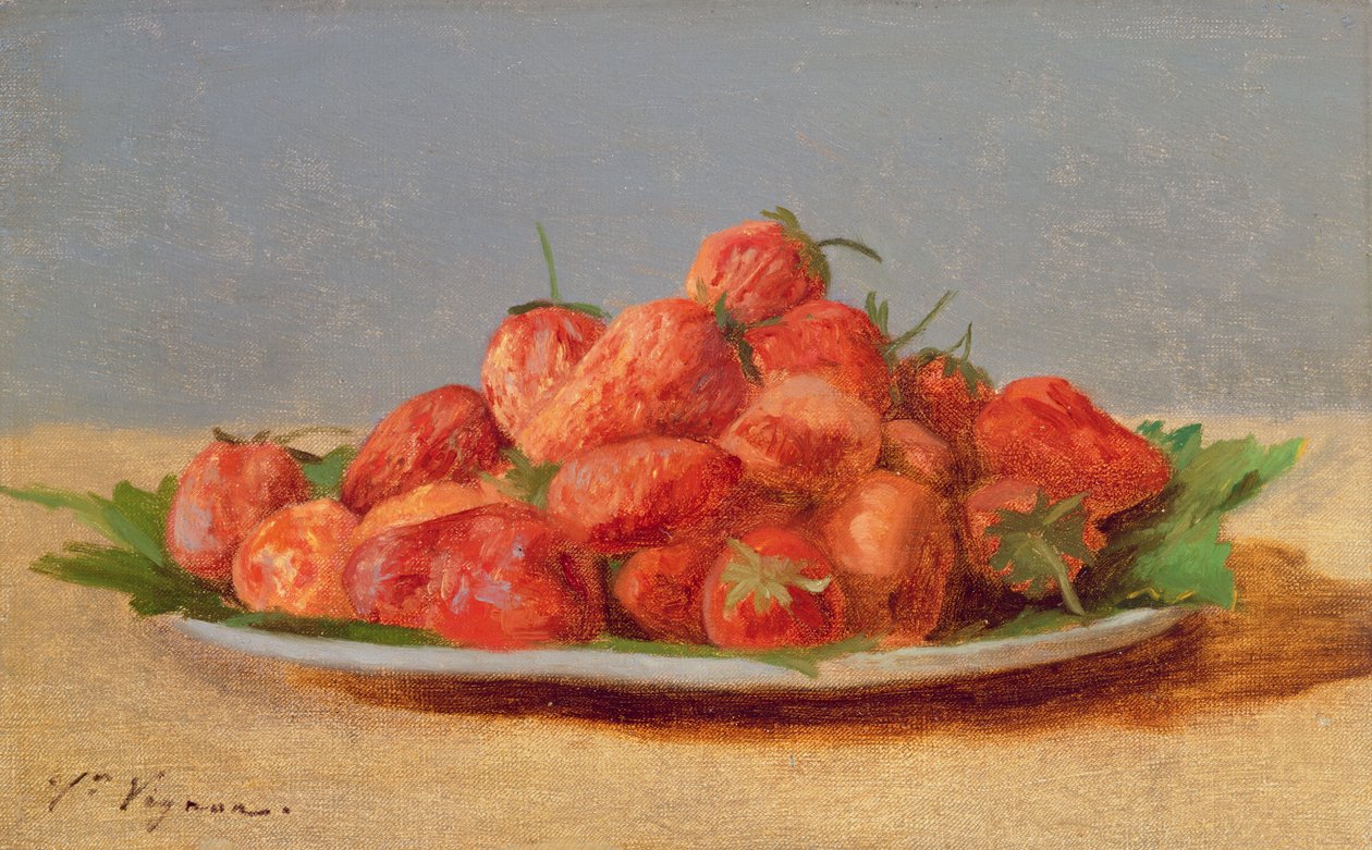 Stilleven met aardbeien op een bord door Victor Vignon