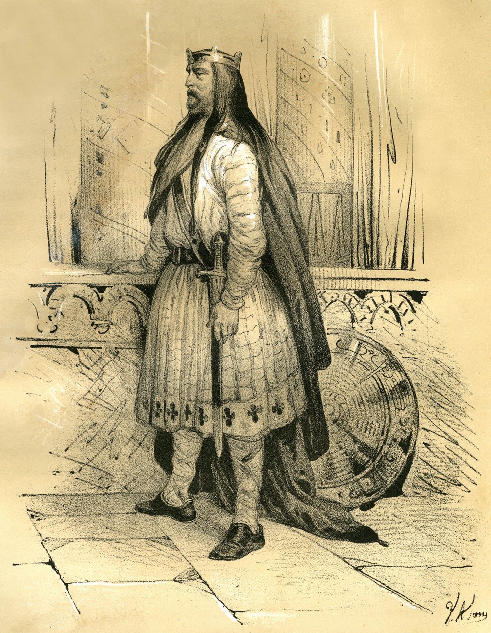 Clodion de Harige, leider van de Salische Franken van ongeveer 428 tot zijn dood in 447, waarschijnlijk voorvader van de Merovingen. Gravure door Victor Adam (1801-1866) in het boek 
