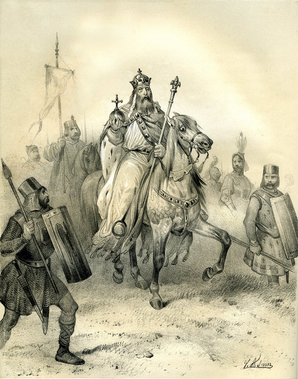 Keizer Karel de Grote, dragend de emblemen van macht, rijdt aan het hoofd van zijn troepen soldaten in harnas. Gravure door Victor Adam in het boek 