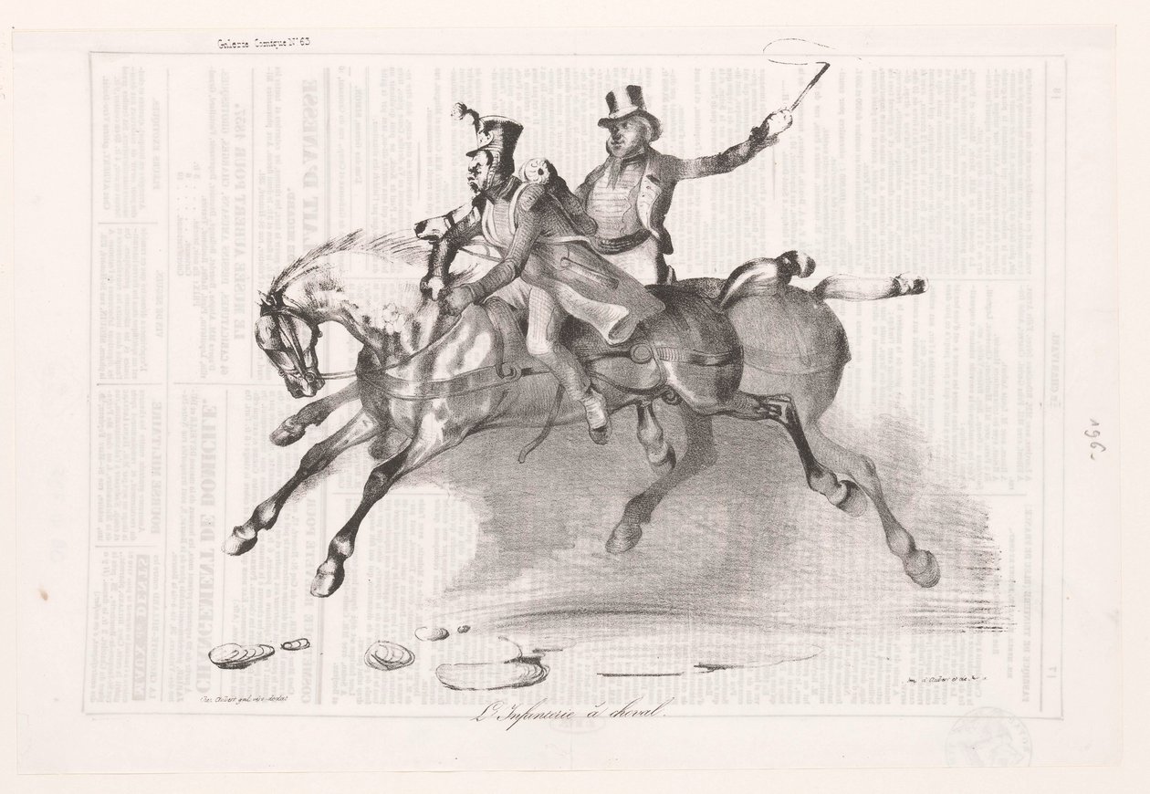 Karikatuur van de infanterie te paard door Victor Adam